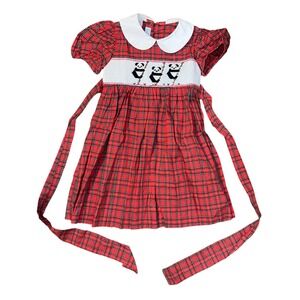 Vive La Fete Karla Lacayo Red Plaid Smocked Panda Bear Dress Kids Size 5 Cotton